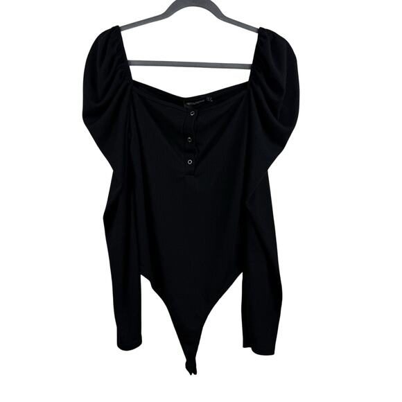 New Ribbed Bodysuit PrettyLittleThing Black Long Puff Sleeve US 8 Square Neck - Picture 3 of 15